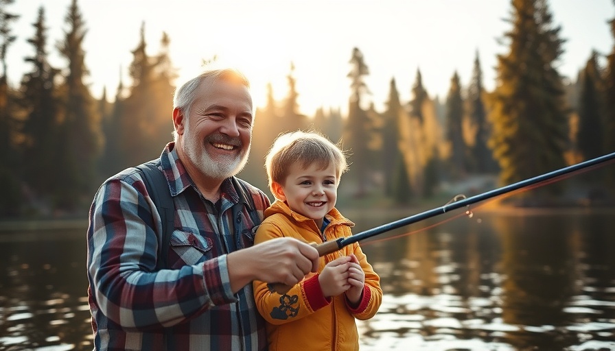 Father and son enjoy Free Fishing Day in North Carolina by a lake.