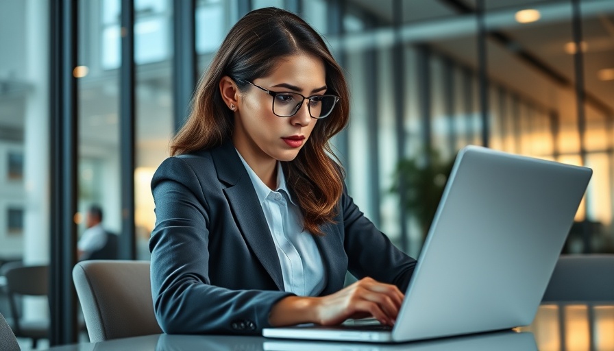 Businesswoman using laptop for AR Automation Solutions in modern office