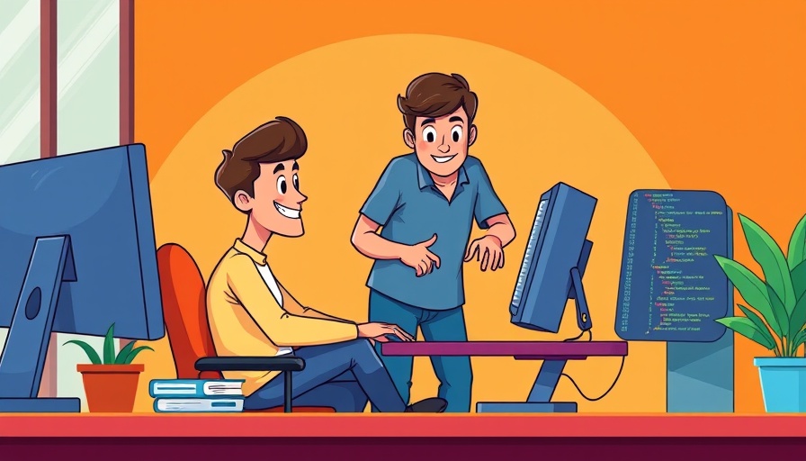 Cartoon team coding collaboration in a modern office, vibrant orange background.