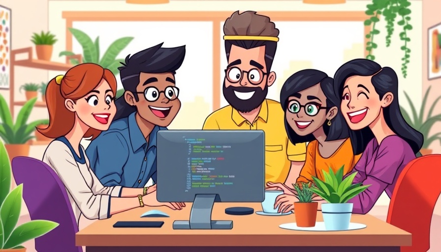 Cartoon scene of colleagues enhancing unified digital workplace productivity.