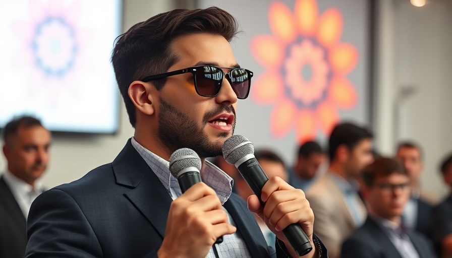 Confident man speaking at business event on inclusive leadership.