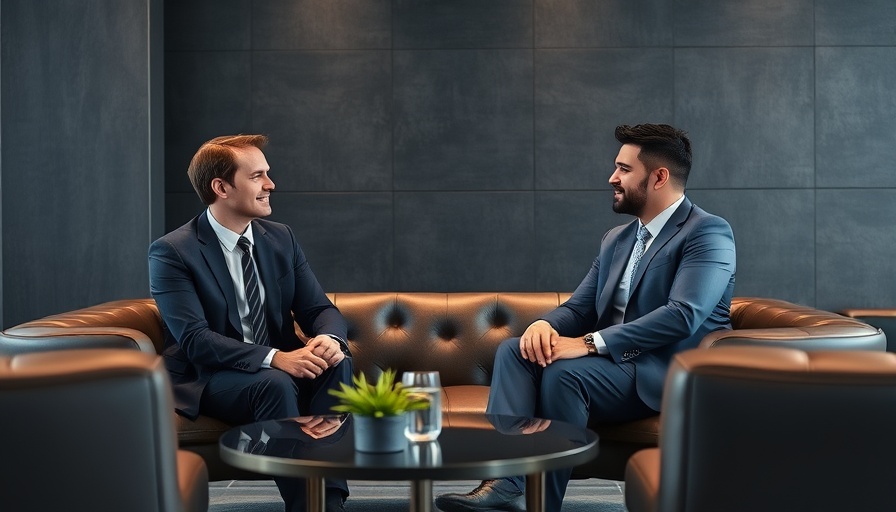 Two professionals discussing legal matters in a modern lounge.