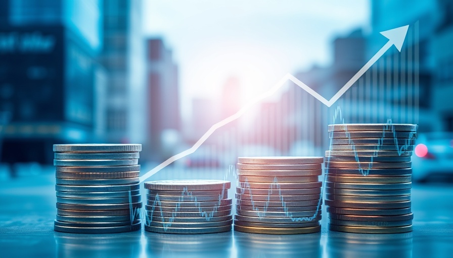 Financial growth concept with coins and graph overlay, futuristic city background.