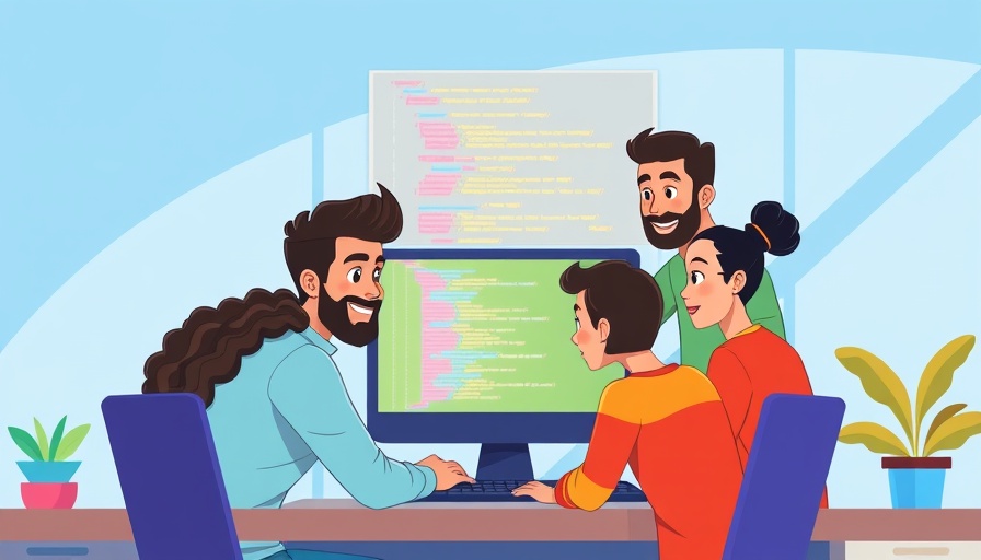 Cartoon team discussing video production workflow at a computer.