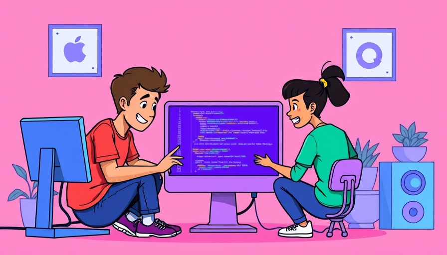 Colorful cartoon of group using AI collaboration tools at a computer, pink backdrop.