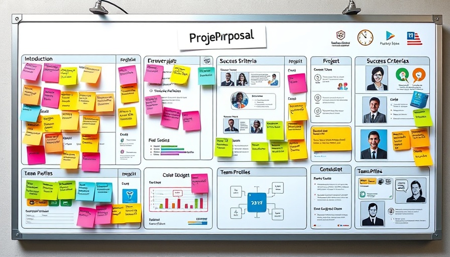 Digital project proposal whiteboard with colorful sections and charts.