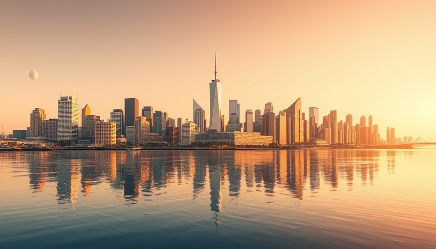 City skyline with river reflection showcasing sustainability goals.