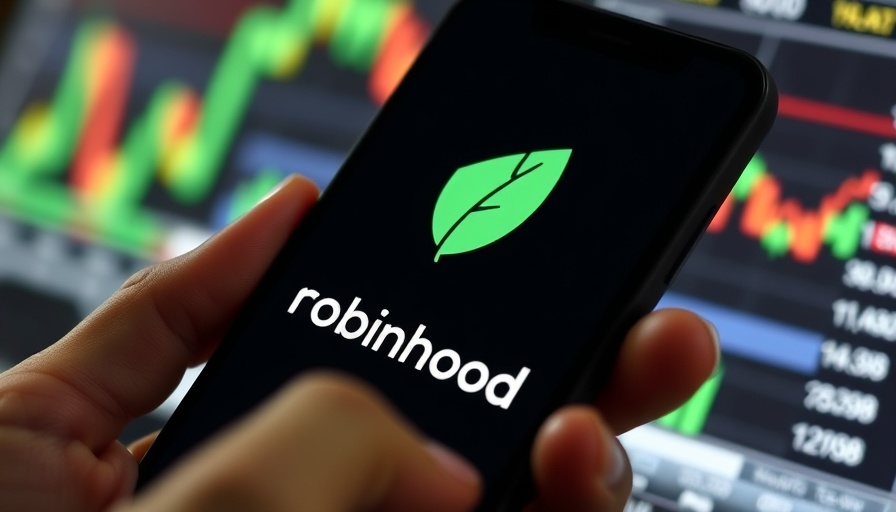 Robinhood logo on phone with stock market chart in background.
