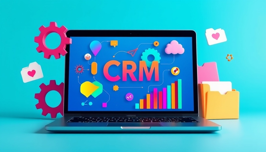 Colorful digital CRM interface illustration on laptop.
