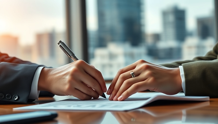Hands signing real estate agreement in office setting