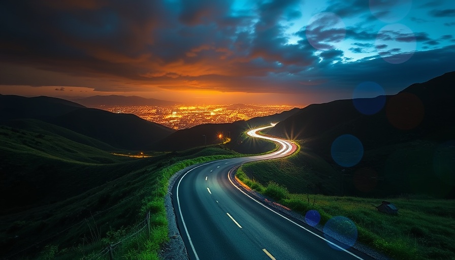 Circular road with light trails at twilight, highlighting circular economy