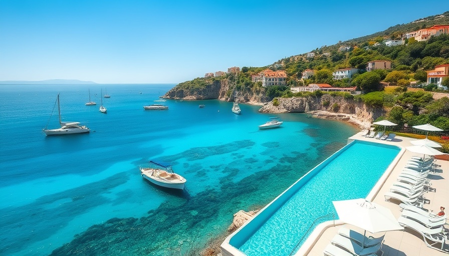 Sustainable Italian holiday: serene coastal resort with turquoise waters and docks.