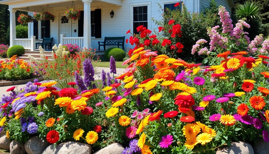 Lush pollinator-friendly yard with colorful flowers and stone border.