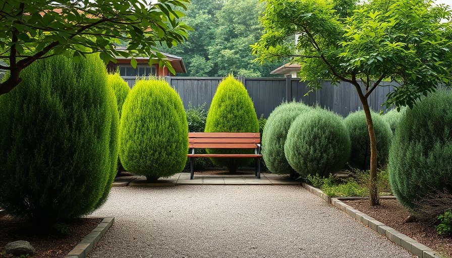 Lush eco-friendly garden with gravel path and wooden bench
