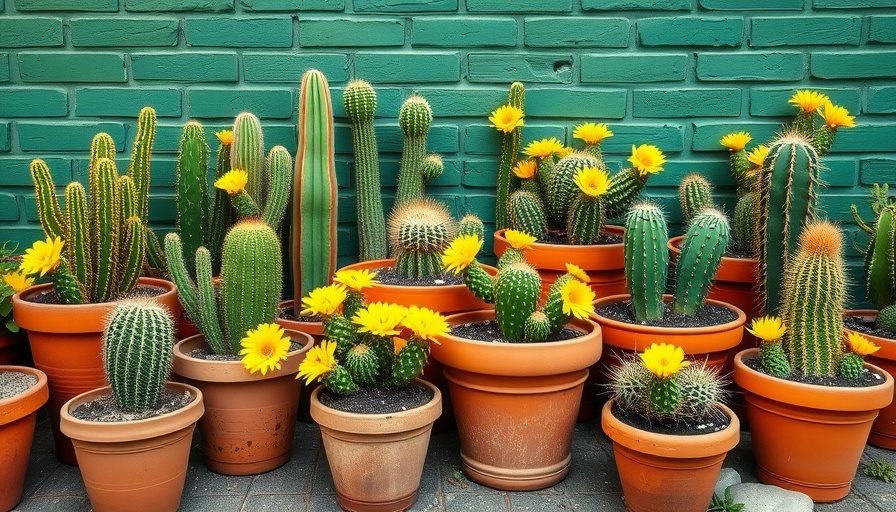 Terracotta pots with cacti and flowers in sustainable home design garden.