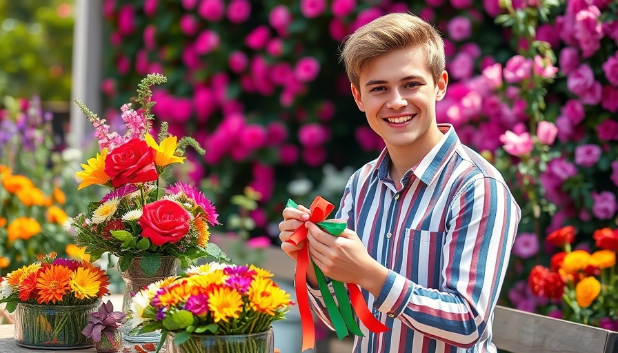 Young man crafting bows in a vibrant garden setting, related to sustainable home design.