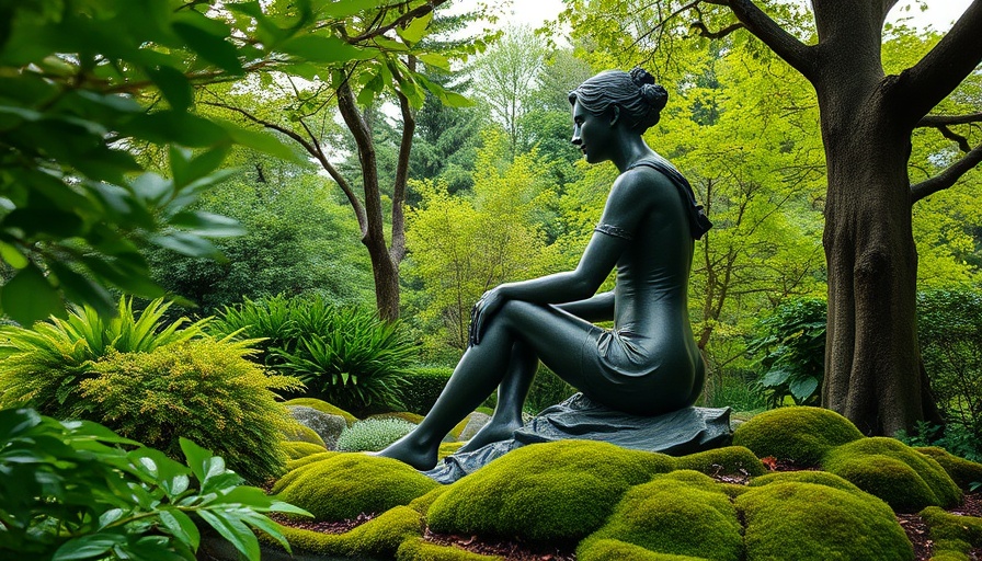 Eco-friendly garden with bronze sculpture and lush greenery.