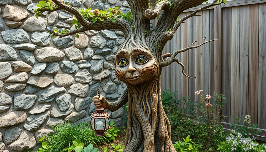 Whimsical tree sculpture in eco-friendly garden setting.