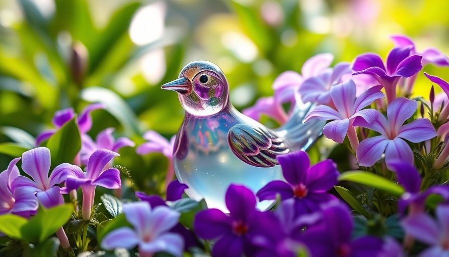 Charming glass bird in lush garden, illustrating sustainable home design.