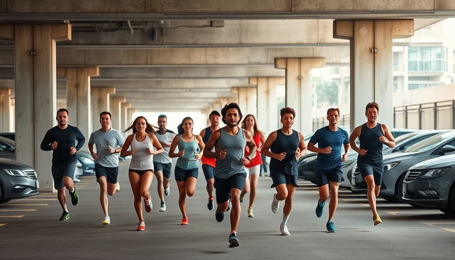 Triangle running clubs members jog in a parking structure.