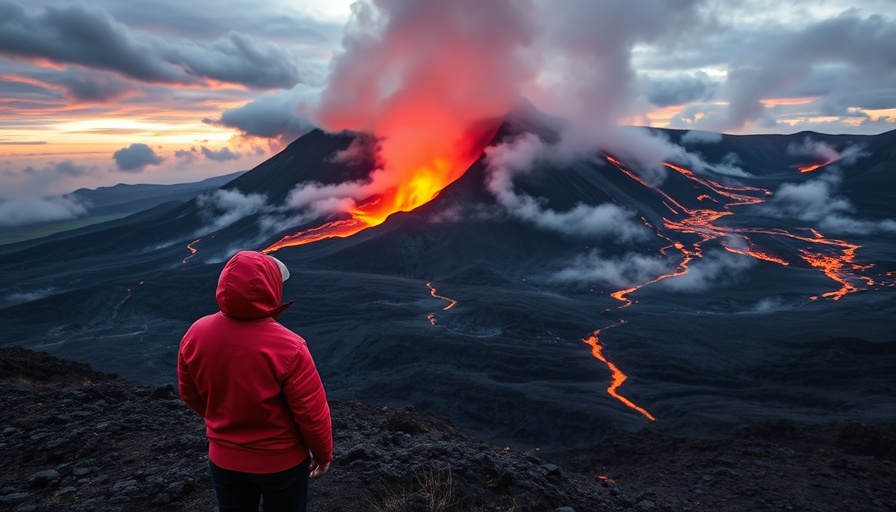 Person observing volcanic eruption amidst rugged landscape at dusk.