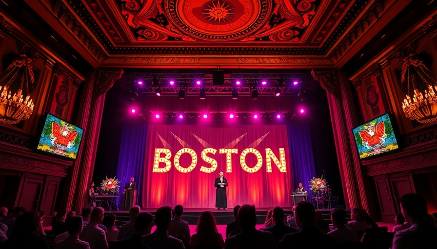 Boston-themed event stage with speaker, vibrant lighting, theater ambiance.