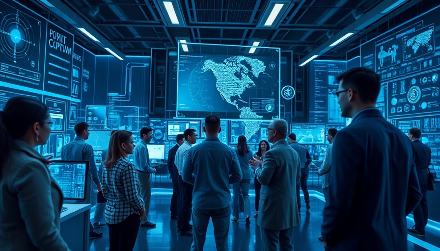 Futuristic digital workspace with AI and blockchain interfaces.