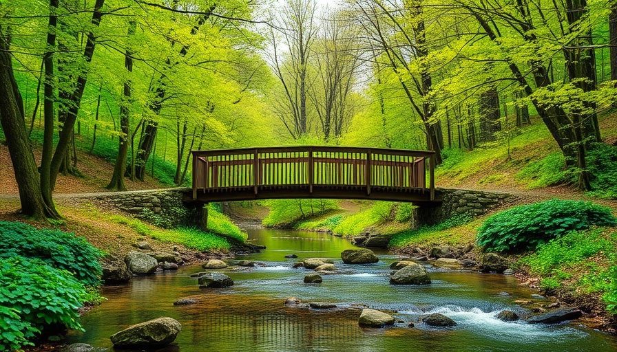 Gentle creek under a wooden bridge in serene forest