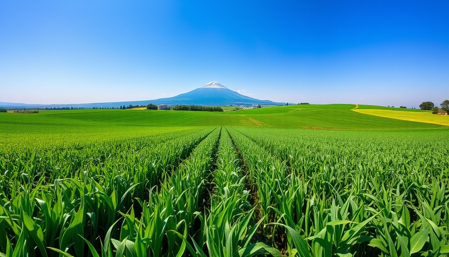 Green crop field with mountain, illustrating climate change impact.