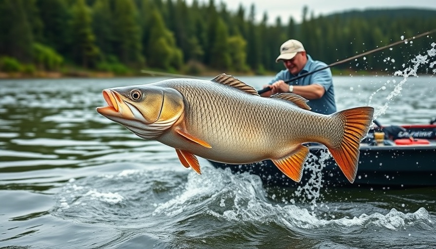 Fishing for invasive carp in lush river environment.