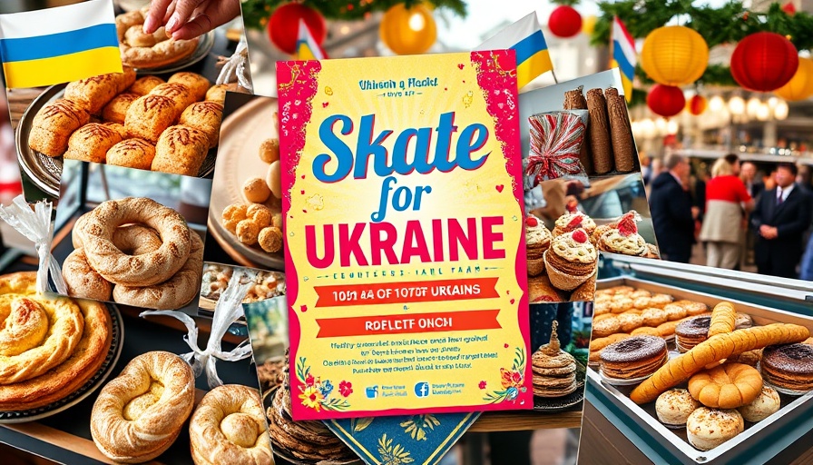 Skate for Ukraine event collage with flyer, bakery, crafts.