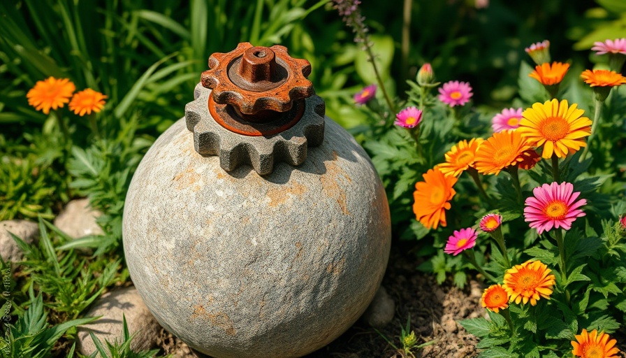 Eco-friendly gardening ornament with stone and metal cog in lush garden.