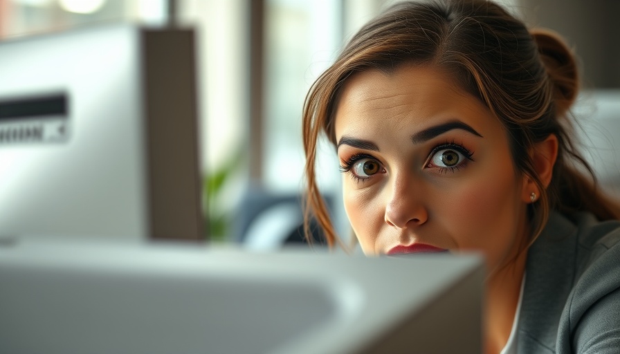 Curious woman peeking over desk in office, symbolizing AI in FinTech exploration.
