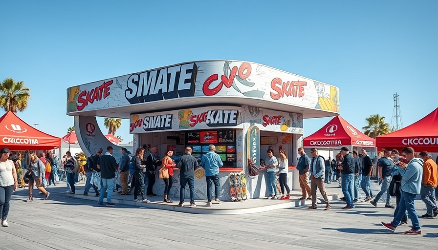 Modern skate-themed kiosk showcasing X Games sponsorship strategies.
