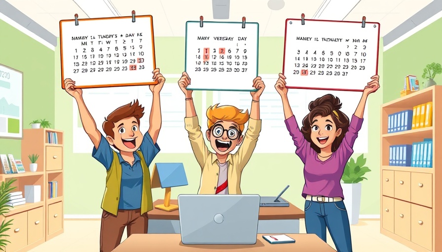 Cartoon characters holding calendars, illustrating 'Add Outlook to Google Calendar'