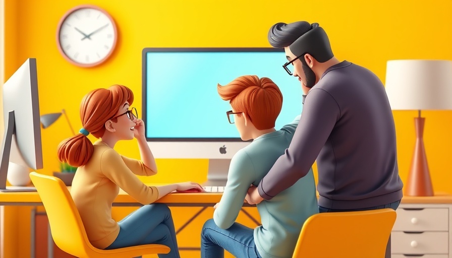 Cartoon team using project cost management software in a vibrant setting.