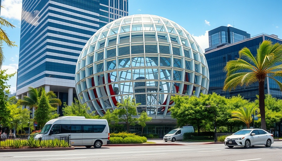 Large globe structure outside a modern building on a sunny day.