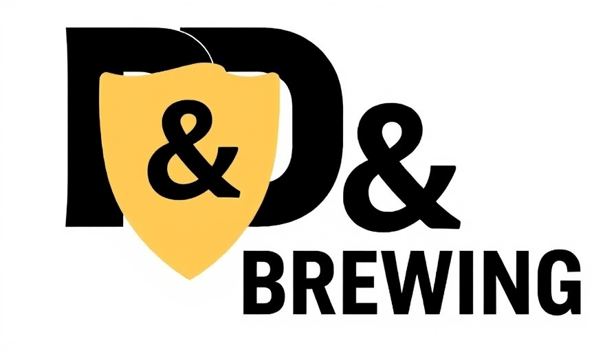 R&D Brewing logo with bold letters and gold shield outline.