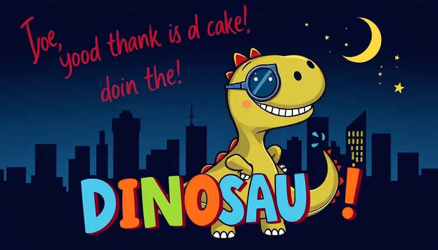 Cartoon dinosaur under night sky with city, 'Have Fun. Be Cheap.' text.