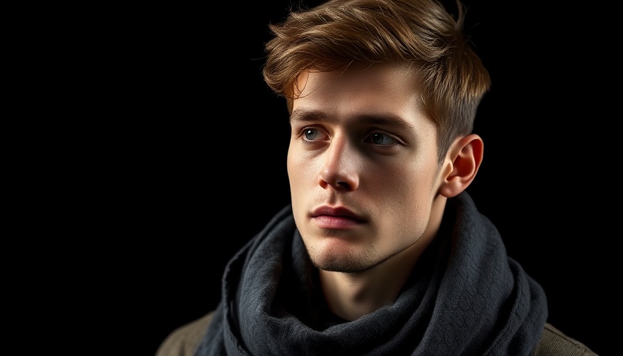 Contemplative young man in a dark studio setting.
