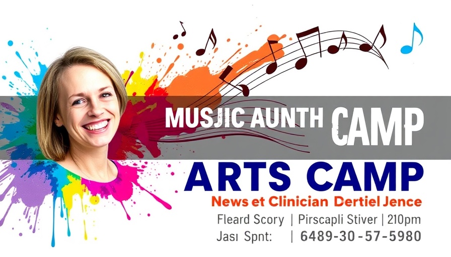 Colorful music and arts camp promotional poster with bright paint splashes.