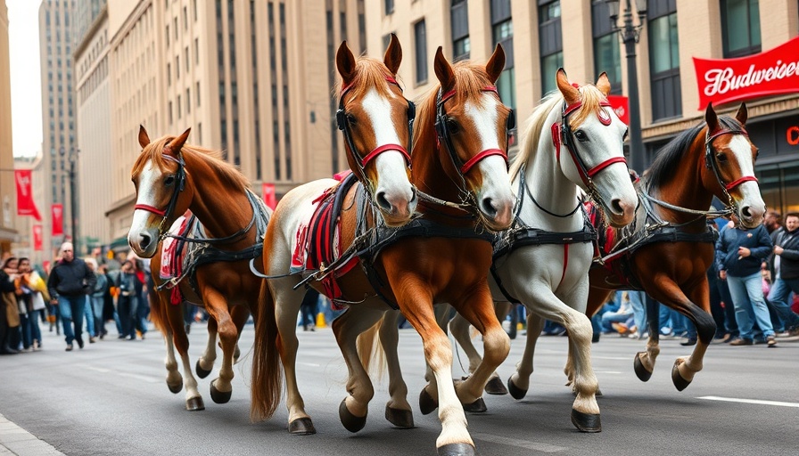 Budweiser Clydesdales parading in Durham city, ornate harnesses.