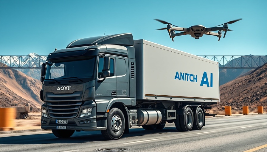 Futuristic truck with AI-powered cargo and drone flying by.