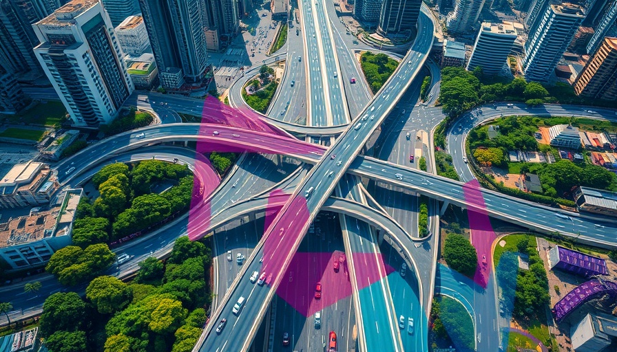 Dynamic aerial view of highway interchange with bustling traffic highlighting unsustainable development.