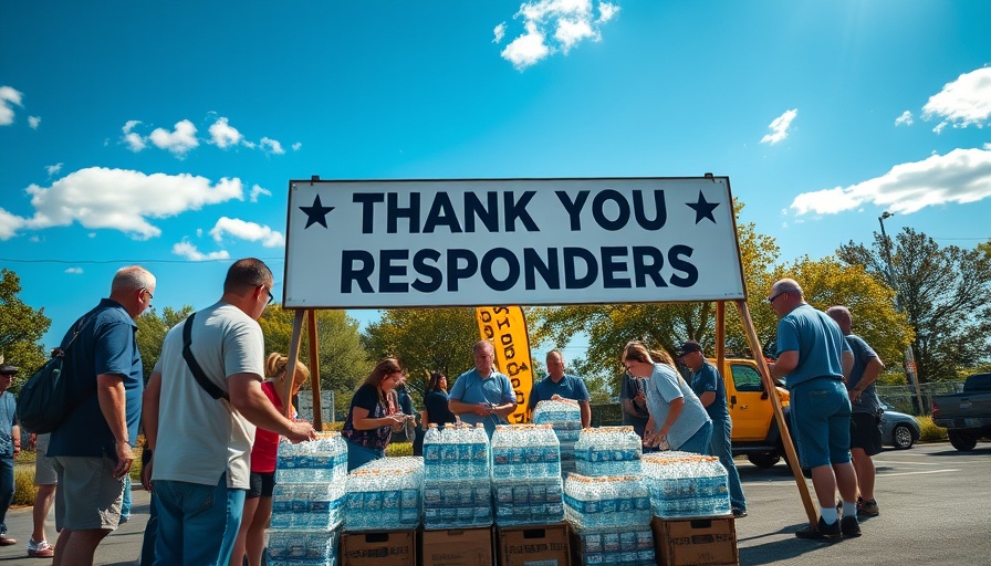 FEMA Disaster Preparedness Program supplies organized under 'Thank You First Responders' sign.