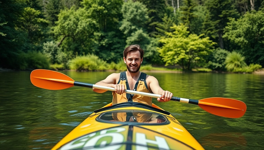 Man kayaking on river in Hickory, NC surrounded by greenery.