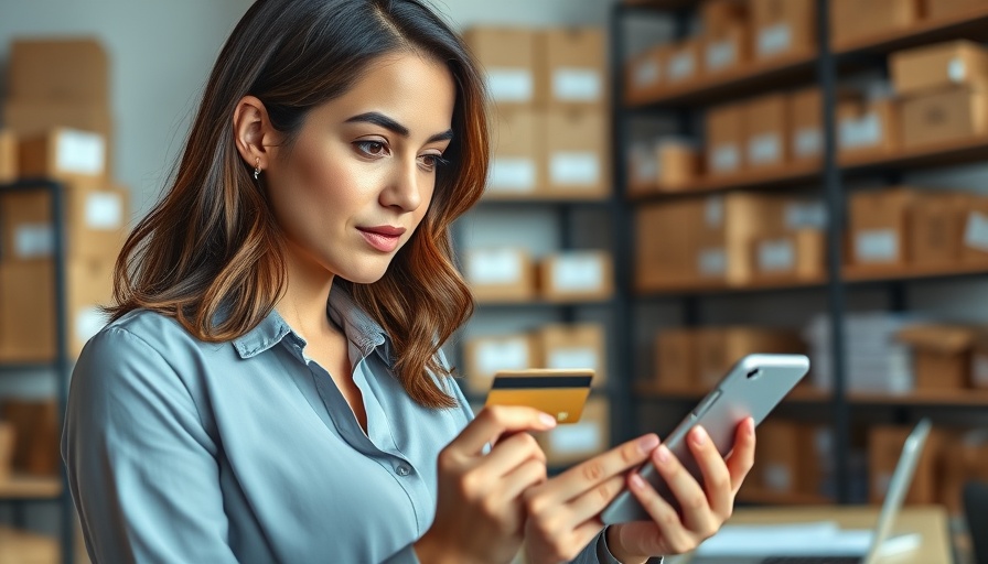 Young businesswoman using credit card rewards in a modern office.