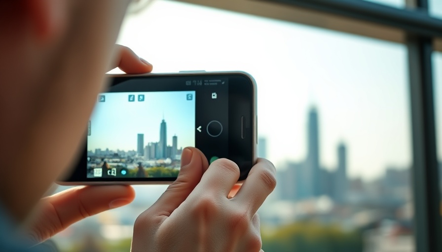 Content creators photographing dessert with city view in background.