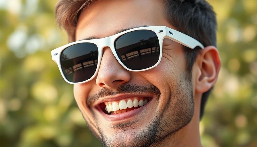 Man wearing white sunglasses, smiling outdoors.