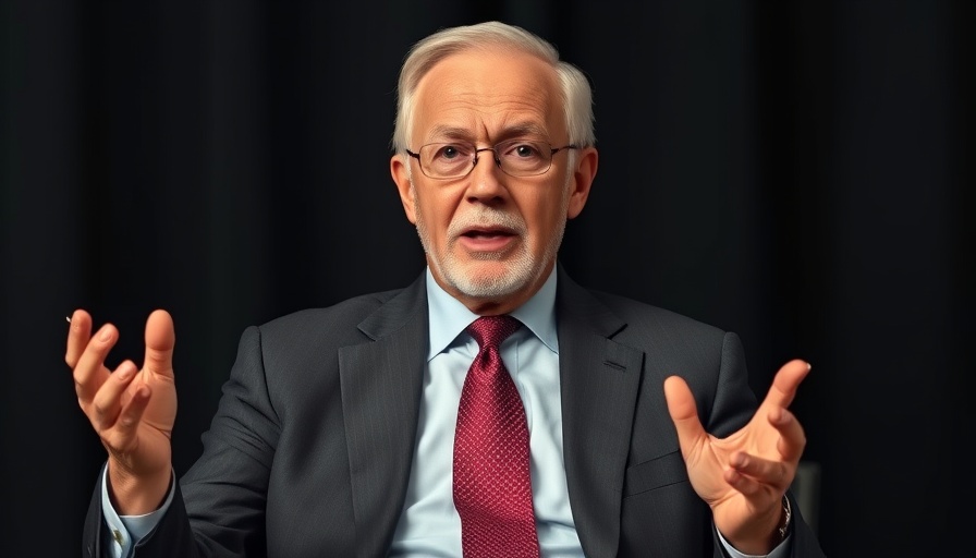 Distinguished gentleman in suit speaking dynamically with gestures.